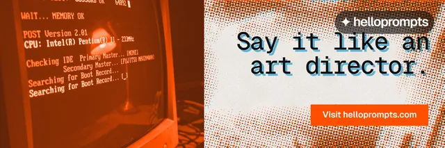 X header for HelloPrompts: "Say it like an art director." Swiss style, right layout, light palette in orange.