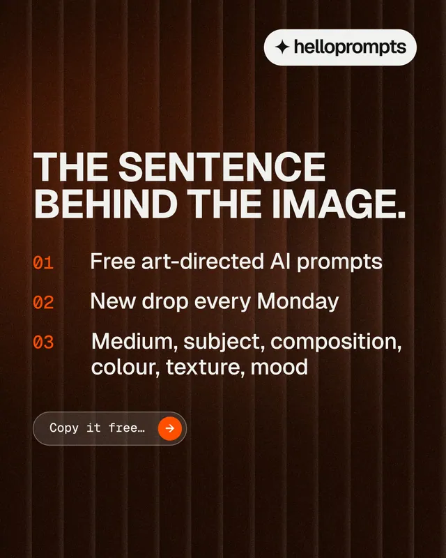 Instagram portrait post for HelloPrompts: "The sentence behind the image." Agentic glass style, numbered layout, dark palette in orange, black, grey.