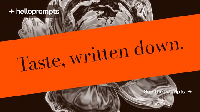 Landscape graphic for HelloPrompts: "Taste, written down." Minimal luxury style, diagonal layout, dark palette in orange, black.