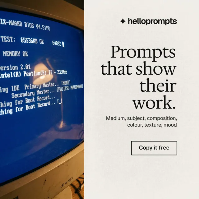 Instagram post for HelloPrompts: "Prompts that show their work." Editorial style, right layout, light palette in blue, yellow, white.