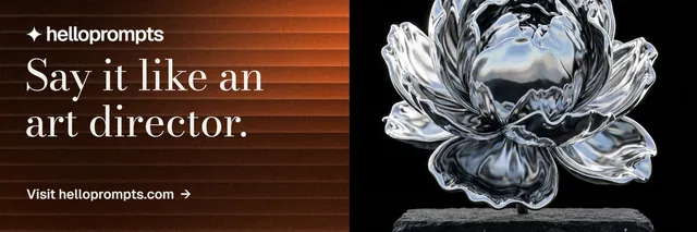 X header for HelloPrompts: "Say it like an art director." Minimal luxury style, bottom layout, dark palette in orange, black, grey.