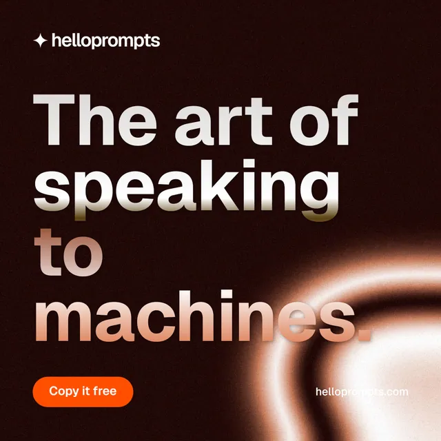 Instagram post for HelloPrompts: "The art of speaking to machines." Y2K style, poster layout, dark palette in black, orange.