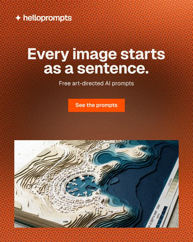 Instagram portrait post for HelloPrompts: "Every image starts as a sentence." Swiss style, centred layout, dark palette in orange, grey, brown.