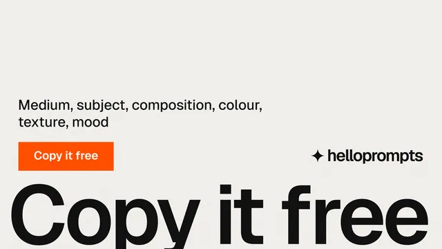 Landscape graphic for HelloPrompts: "See the prompt. Steal the taste." Swiss style, oversized layout, light palette in white, grey.