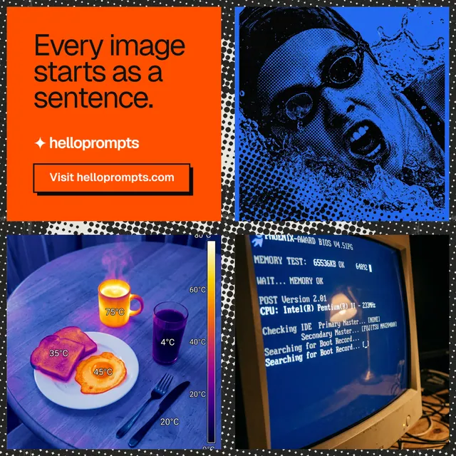 Instagram post for HelloPrompts: "Every image starts as a sentence." Brutalist style, collage layout, dark palette in blue, red.