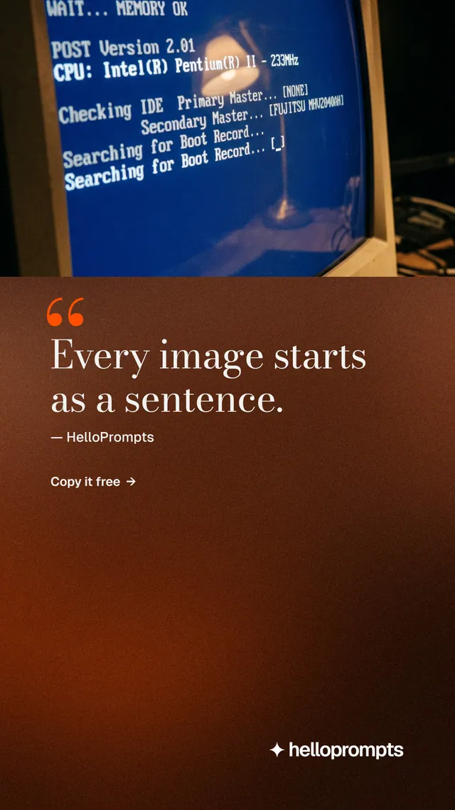Instagram story for HelloPrompts: "Every image starts as a sentence." Minimal luxury style, quote layout, dark palette in orange, black, grey.