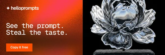 X header for HelloPrompts: "See the prompt. Steal the taste." Swiss style, bottom layout, dark palette in red, black, grey.