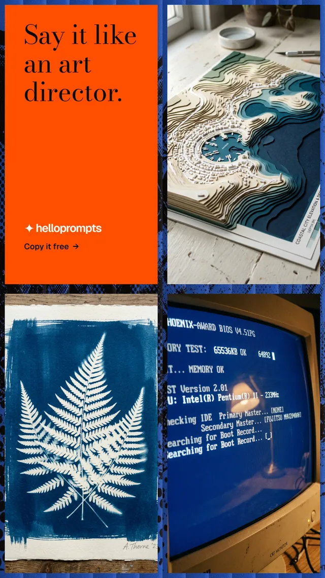 Instagram story for HelloPrompts: "Say it like an art director." Minimal luxury style, collage layout, dark palette in blue, orange, grey.