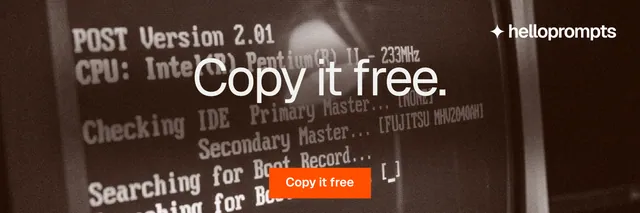 X header for HelloPrompts: "Copy it free." Swiss style, centred layout, dark palette in orange, black, brown.