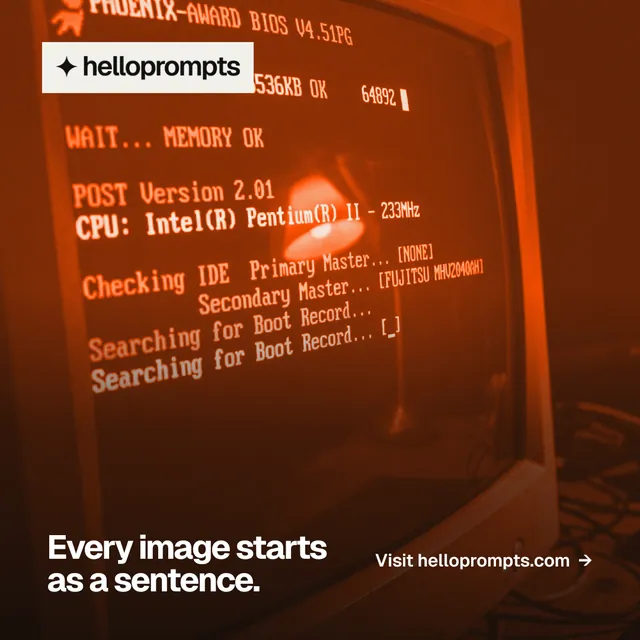 Instagram post for HelloPrompts: "Every image starts as a sentence." Swiss style, image led layout, dark palette in black, orange.