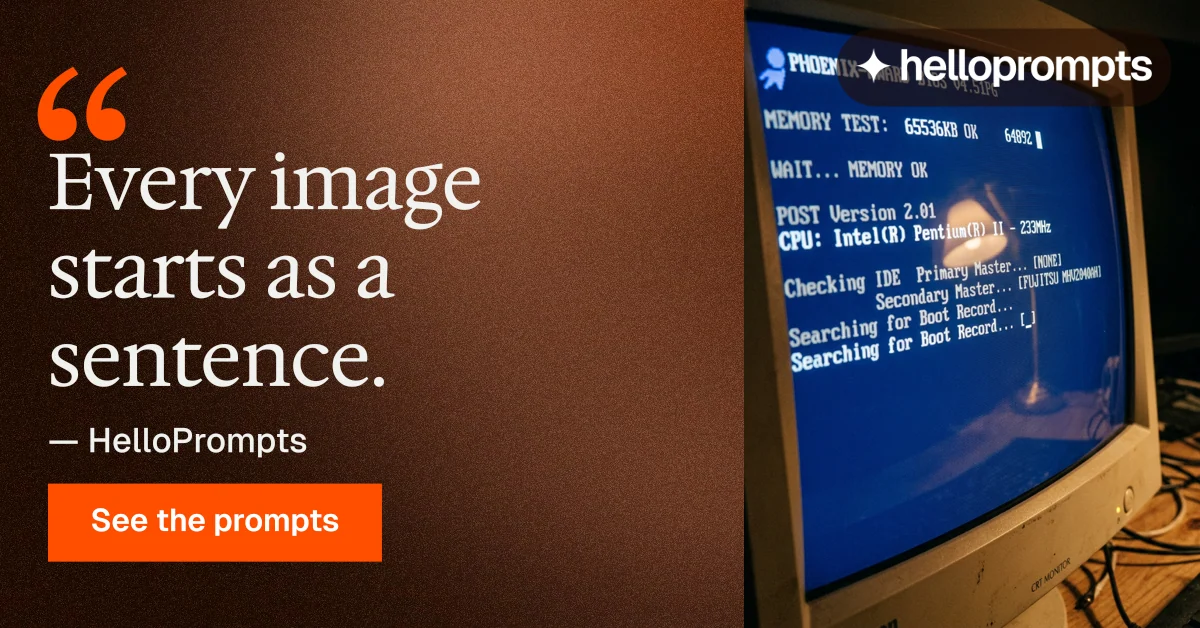 Social ad for HelloPrompts: "Every image starts as a sentence." Swiss style, quote layout, dark palette in orange, blue, brown.
