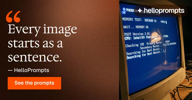 Social ad for HelloPrompts: "Every image starts as a sentence." Swiss style, quote layout, dark palette in orange, blue, brown.