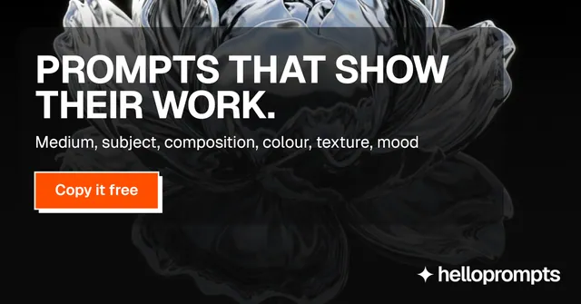 Social ad for HelloPrompts: "Prompts that show their work." Brutalist style, skeleton layout, dark palette in black, grey.