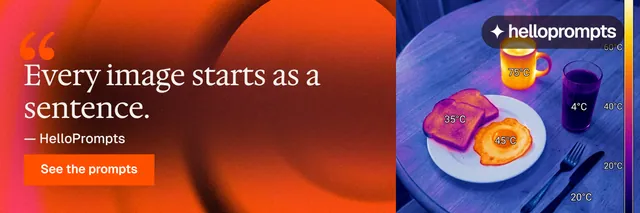 X header for HelloPrompts: "Copy it free." Swiss style, quote layout, dark palette in red, blue, pink.