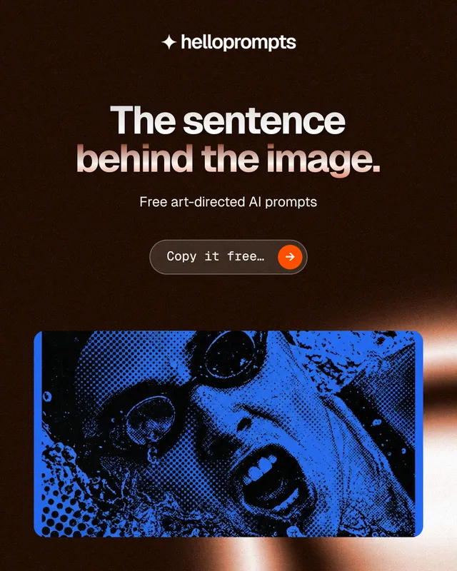 Instagram portrait post for HelloPrompts: "The sentence behind the image." Agentic glass style, centred layout, dark palette in black, blue.