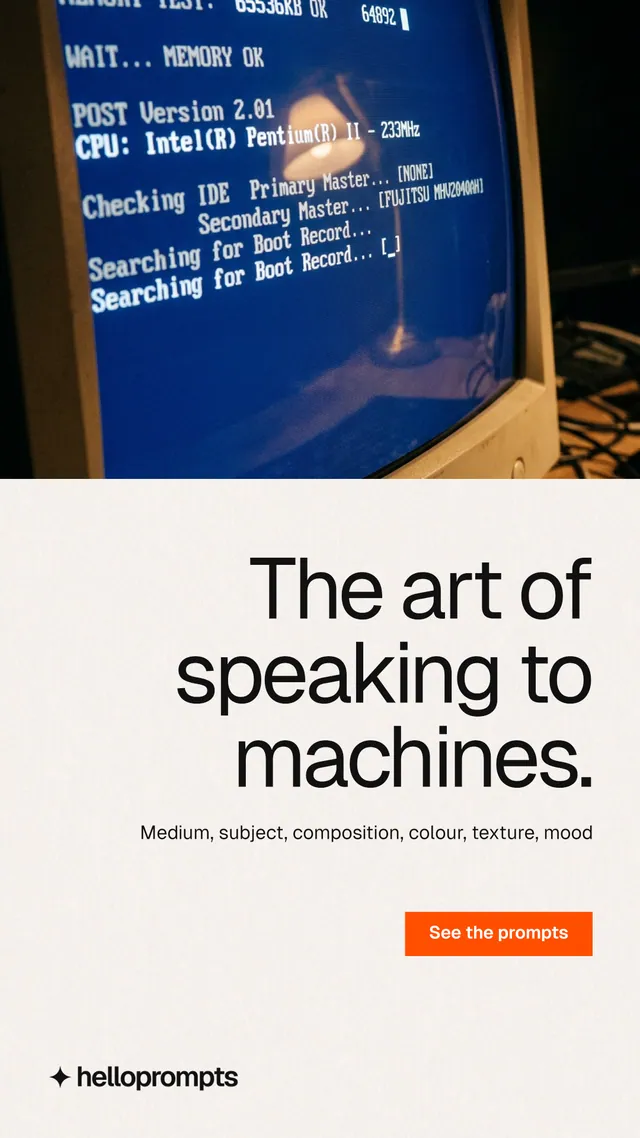 Instagram story for HelloPrompts: "The art of speaking to machines." Swiss style, right layout, light palette in blue, white, grey.
