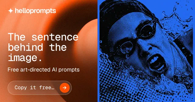 Social ad for HelloPrompts: "The sentence behind the image." Agentic glass style, bottom layout, dark palette in blue, red, orange.