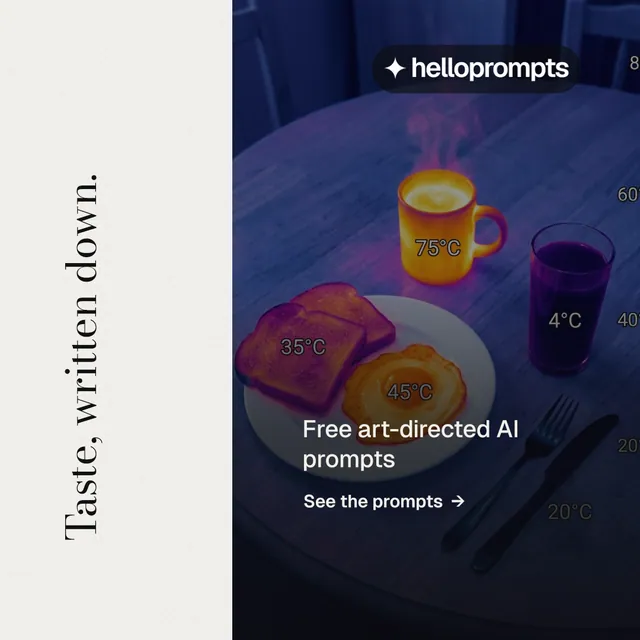 Instagram post for HelloPrompts: "Taste, written down." Minimal luxury style, vertical layout, light palette in blue, white, black.