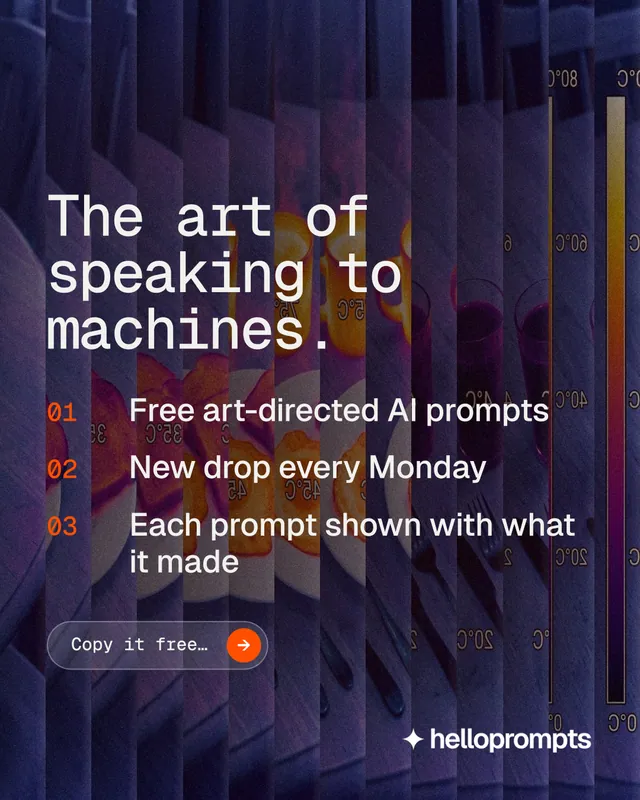 Instagram portrait post for HelloPrompts: "The art of speaking to machines." Agentic glass style, numbered layout, dark palette in purple, blue, grey.