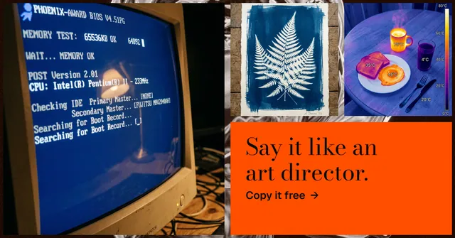 Social ad for HelloPrompts: "Say it like an art director." Minimal luxury style, collage layout, dark palette in blue, orange, grey.