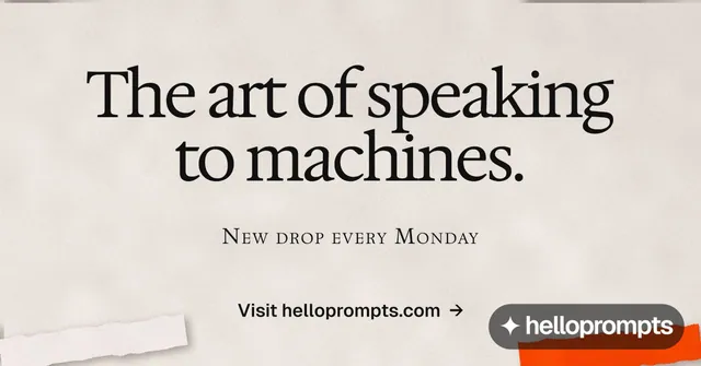 Social ad for HelloPrompts: "The art of speaking to machines." Swiss style, smallcaps layout, light palette in orange, grey.