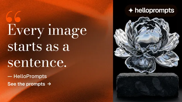 Landscape graphic for HelloPrompts: "See the prompt. Steal the taste." Minimal luxury style, quote layout, dark palette in orange, black, grey.