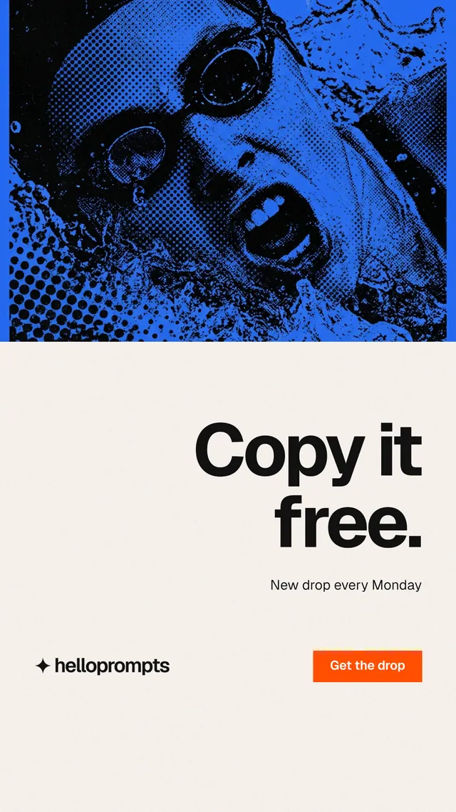 Instagram story for HelloPrompts: "Copy it free." Swiss style, right layout, light palette in white, blue.