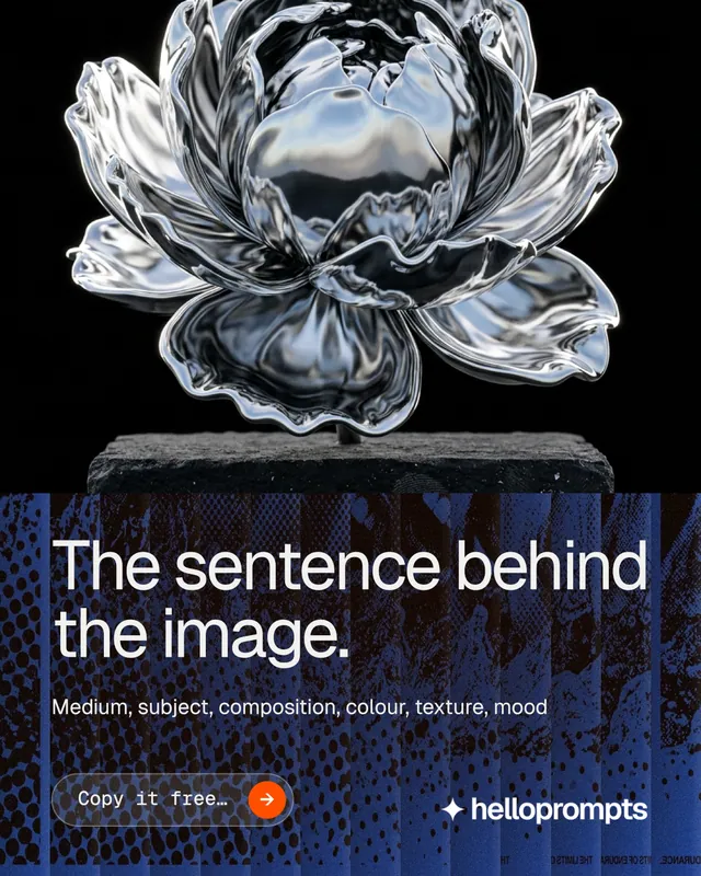 Instagram portrait post for HelloPrompts: "The sentence behind the image." Agentic glass style, bottom layout, dark palette in grey, black, blue.