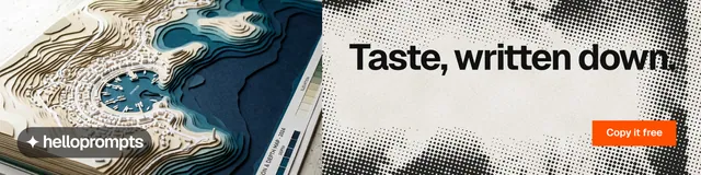 LinkedIn banner for HelloPrompts: "Taste, written down." Swiss style, right layout, light palette in grey, black, white.