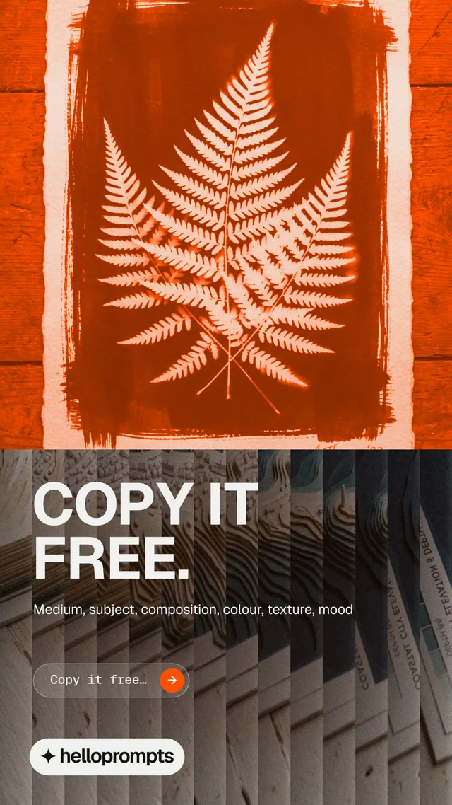 Instagram story for HelloPrompts: "Copy it free." Agentic glass style, bottom layout, dark palette in orange, brown.