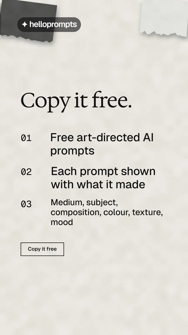 Instagram story for HelloPrompts: "Copy it free." Editorial style, numbered layout, light palette in white, yellow, grey.