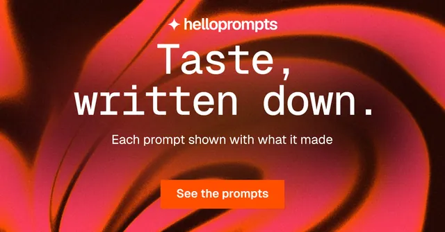 Social ad for HelloPrompts: "Taste, written down." Swiss style, centred layout, dark palette in red.