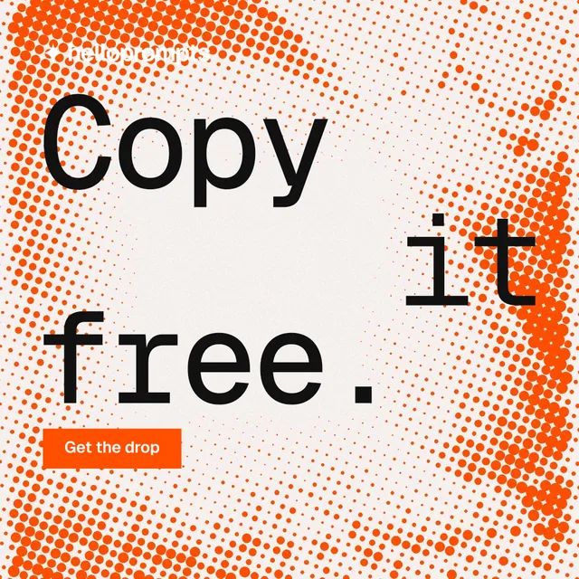 Instagram post for HelloPrompts: "Copy it free." Swiss style, stacked layout, light palette in orange, brown, white.