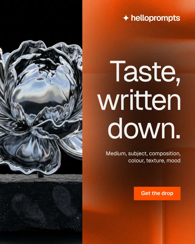 Instagram portrait post for HelloPrompts: "Taste, written down." Swiss style, right layout, dark palette in black, orange, grey.