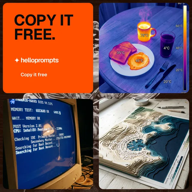 Instagram post for HelloPrompts: "Copy it free." Photo poster style, collage layout, dark palette in blue, red, grey.