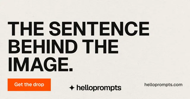 Social ad for HelloPrompts: "The sentence behind the image." Swiss style, poster layout, light palette in yellow, grey, orange.