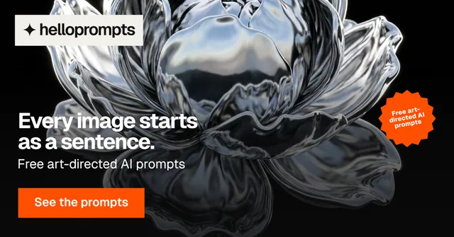 Social ad for HelloPrompts: "Every image starts as a sentence." Swiss style, sticker layout, dark palette in black, grey, orange.