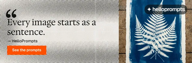X header for HelloPrompts: "Say it like an art director." Swiss style, quote layout, light palette in grey, white, yellow.