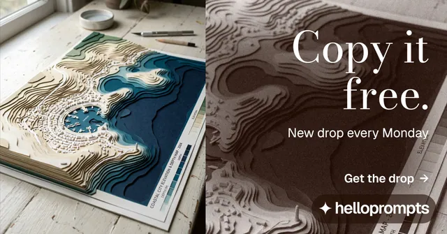 Social ad for HelloPrompts: "Copy it free." Minimal luxury style, right layout, dark palette in red, grey, white.
