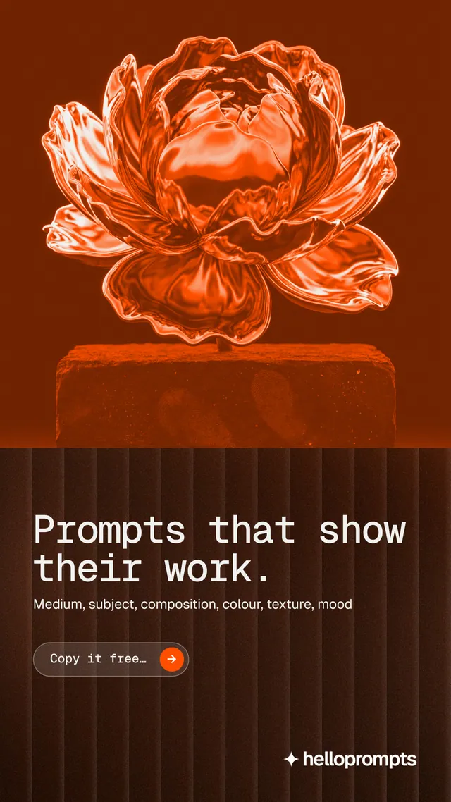 Instagram story for HelloPrompts: "Prompts that show their work." Agentic glass style, bottom layout, dark palette in orange, black.
