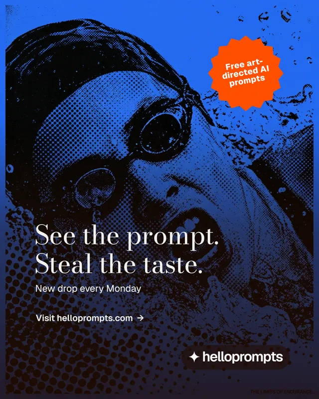 Instagram portrait post for HelloPrompts: "See the prompt. Steal the taste." Minimal luxury style, sticker layout, dark palette in purple, black, blue.