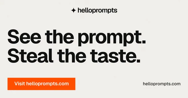 Social ad for HelloPrompts: "See the prompt. Steal the taste." Swiss style, poster layout, light palette in white, grey.