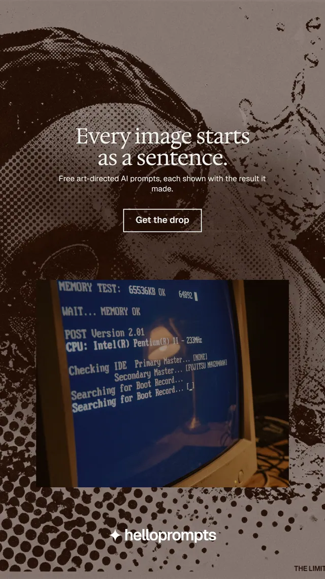 Instagram story for HelloPrompts: "Every image starts as a sentence." Editorial style, centred layout, dark palette in black, grey.