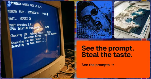 Social ad for HelloPrompts: "See the prompt. Steal the taste." Agentic glass style, collage layout, dark palette in blue, orange, grey.
