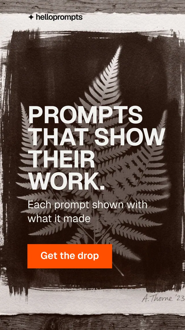 Instagram story for HelloPrompts: "Prompts that show their work." Swiss style, skeleton layout, dark palette in grey, orange, black.