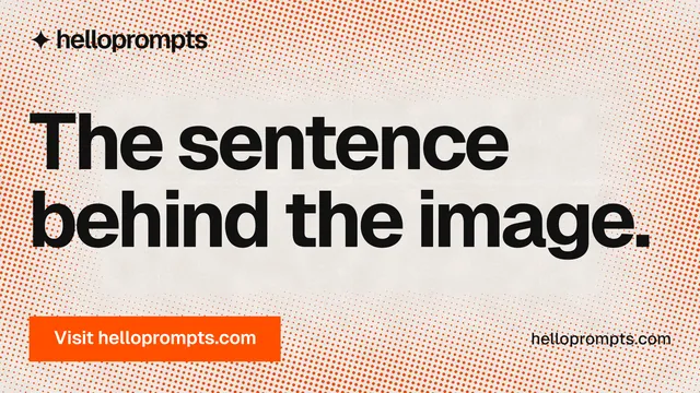 Landscape graphic for HelloPrompts: "The sentence behind the image." Swiss style, poster layout, light palette in orange.
