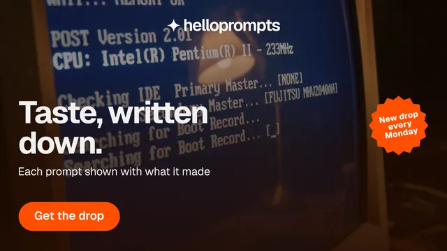 Landscape graphic for HelloPrompts: "Taste, written down." Photo poster style, sticker layout, dark palette in black, red, orange.