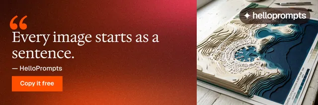 X header for HelloPrompts: "Prompts that show their work." Swiss style, quote layout, dark palette in red, grey.