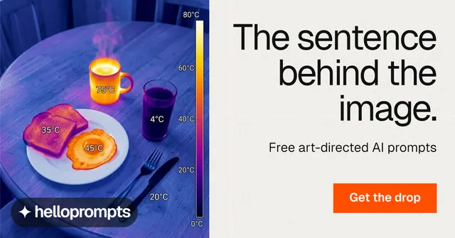 Social ad for HelloPrompts: "The sentence behind the image." Swiss style, right layout, light palette in white, grey, blue.