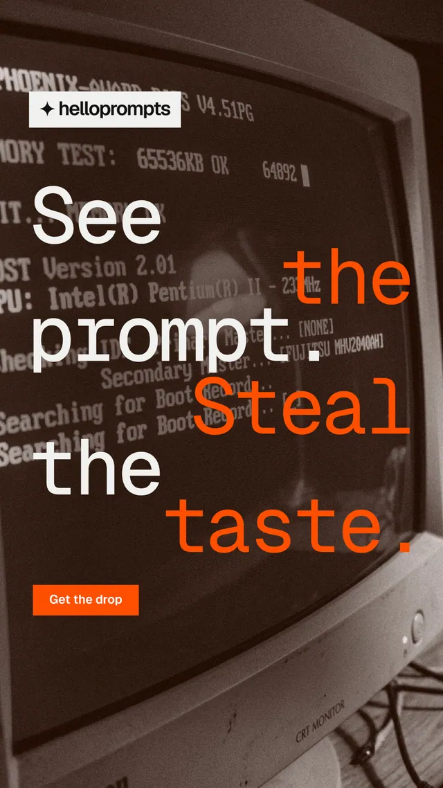 Instagram story for HelloPrompts: "See the prompt. Steal the taste." Swiss style, stacked layout, dark palette in black, orange, grey.